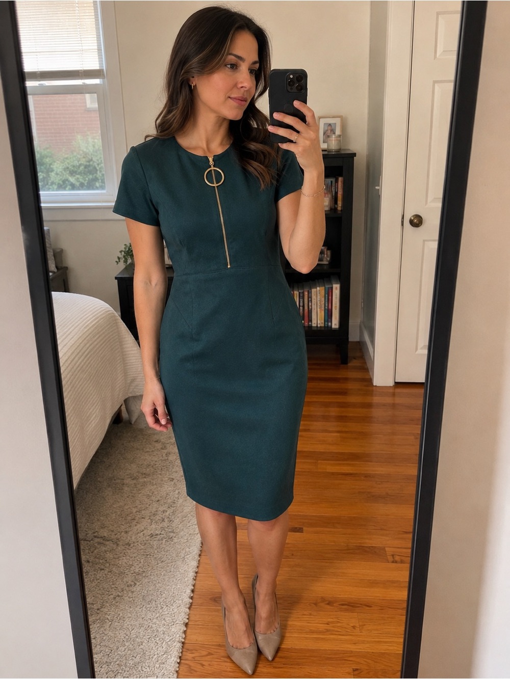 Calvin Klein Malachite Green Faux Suede O-Ring Zip Sheath Dress Size 6